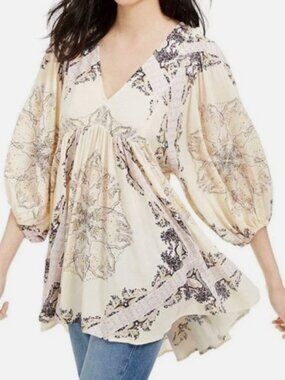 Free People Girl Talk Printed Tunic Top – XS – Ivory – Boho Flowy